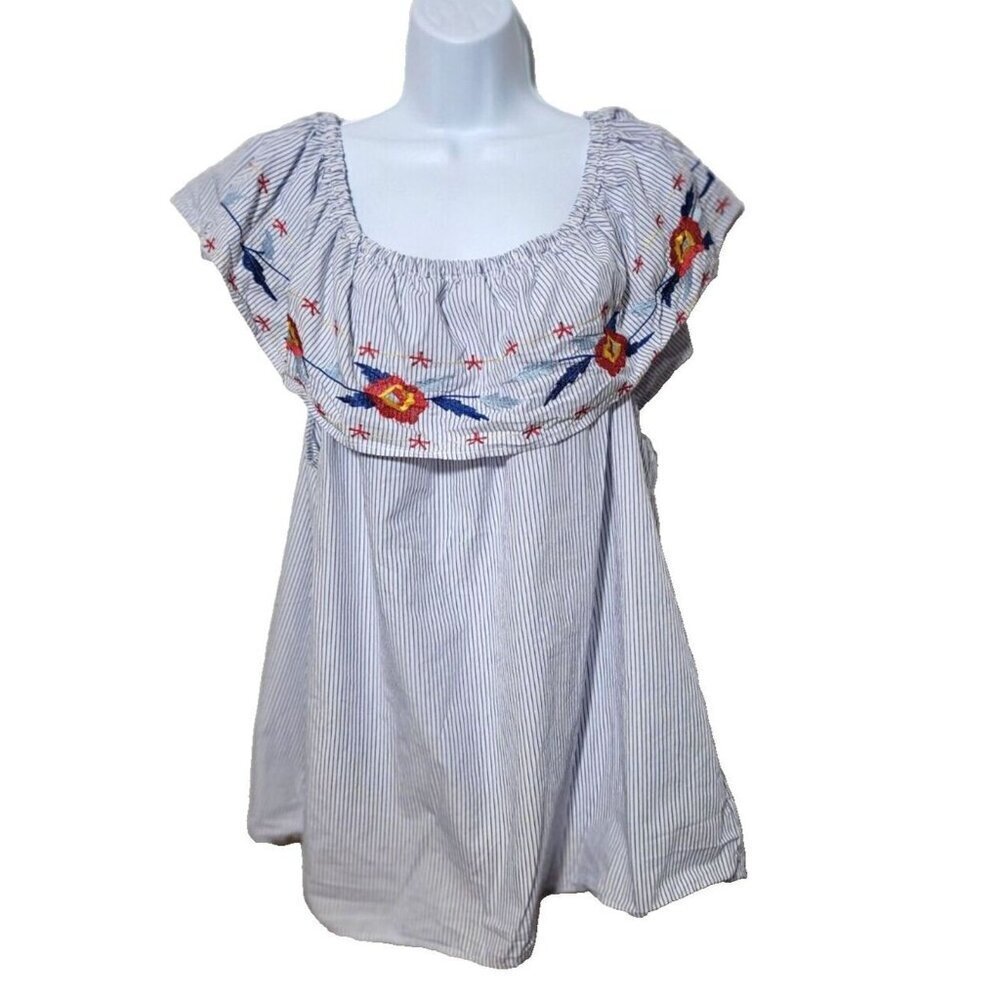 Falls Creek Peasant Blouse 2X Pinstripe Floral Embroider Breathable Ruched Boho